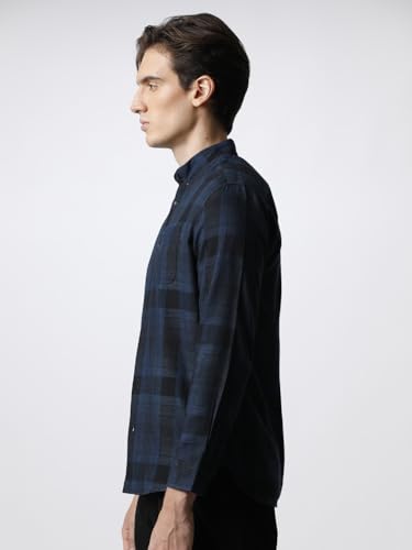 Image of Men Navy Blue Checked Slim Fit Cotton Casual Shirt