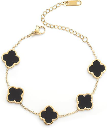 FANAOREN Regalos Originales para Mujer Pulsera Trébol 4 Hojas Acero Inoxidable Regalos Mujer Cumpleaños Dia de la Madre San Valentin Navidad regalo Amiga Madre Hermanas Novia (Negro)