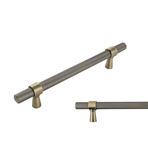 keypak 10 Pack Antique Brass Knurled Kitchen Cupboard Handles 128mm Hole Centres Aluminium T-Bar Pulls for Cabinet Wardrobe Doors Chest of Drawers