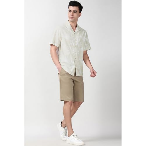 Image of Peter England Men's Cotton Blend Classic Fit Floral Print Casual Shirt | Cuban Collar, Half Sleeves | Casual Wear