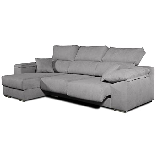Tanuk Sofá Chaise Longue LODURR Izquierda 4 Plazas Gris Perla 294x160 CM. Asientos Extensibles. Desenfundable. Tejido con Sistema ACUALINE
