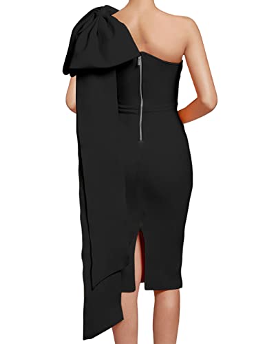 Image of UONBOX Women's One Shoulder Bowknot Long Sleeve Bodycon Knee Length Club Party Bandage Dress