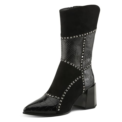 Azura Women's ZAYRINA Mid-Shaft Leather Boots with Animal Print, Stud Details, and Zipper Closure