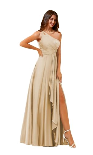 One Shoulder Bridesmaid Dresses for Women with Slit Satin Formal Dresses Long Ruffled Prom Dress4