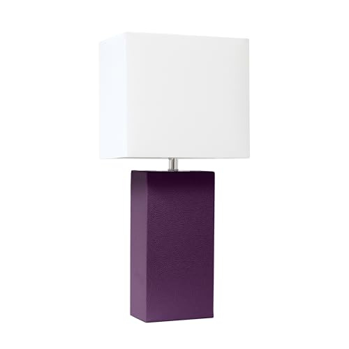 Elegant Designs LT1151-EGP Contemporary Faux Leather Encased Table Lamp for Living Room, Bedroom, Study, Office, Entryway, Reading Nook, Eggplant Purple