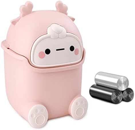 QLFJ-FurDec Cute Desktop Trash Can Wastebasket with 90 Trash Bags, Creative Tiny Countertop Garbage Can with Flip Lid, Small Plastic Storage Bin for Bedroom Bathroom Living Room Dressing Table(Pink)