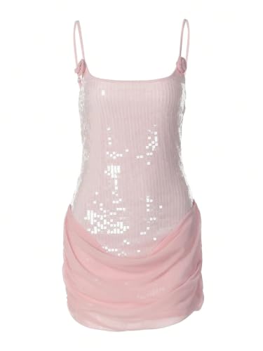 Image of Naileksi Women Spaghetti Strap Glitter Mesh Bodycon Mini Dress Sleeveless Scoop Neck Sparkle Sequin Rib Knit Cami Dress