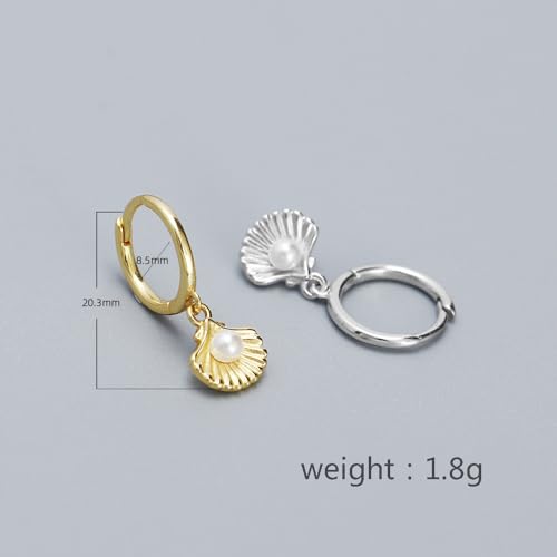Cute Shell Pearl Huggie Small Hoop Earrings Dangle Drop for Women Teen Girls 925 Sterling Silver 14K Gold Filled Boho Beach Simple Charm Hoops Delicate Hypoallergenic Summer Jewelry Gift Daughter2