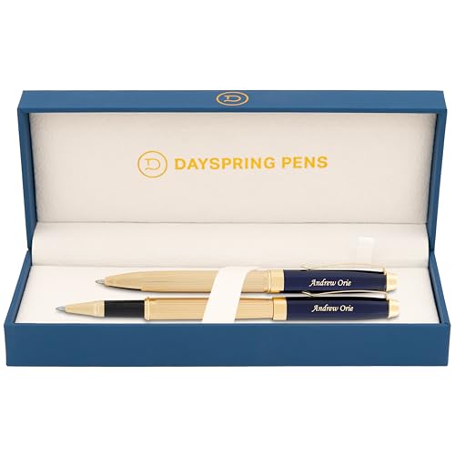 Dayspring Pens Personalized Braxton Ballpoint and Rollerball Pen Set - Blue. Real 18 Karat Gold Plated Double Pen Set. Custom Engraving Included.