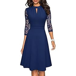 HOMEYEE Vestido de cóctel Plisado con Manga de Encaje Ahuecado para Mujer A234 (M, Azul Marino)