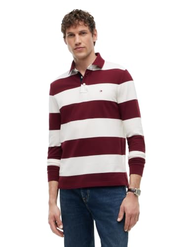 Tommy Hilfiger Men's Casual Cotton Rugby Polo Shirt with Stretch, Burgundy/Ivory Petal Large