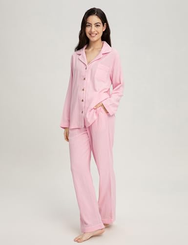 Image of Womens Muslin Pajama Set 100% Cotton Double Gauze Linen Like | Breathable Soft Comfort Button Up Loungewear Sleepwear PJ Set