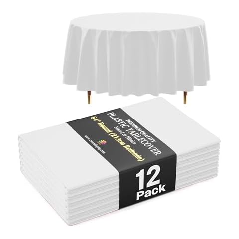 Exquisite 66% Thicker Premium White Round Tablecloth 0.5 Mil 12 Pack Plastic Table Cloth Disposable 84 Inch Round Plastic Tablecloth Won't Tear Easily Like Cheap Thin Brands Cover