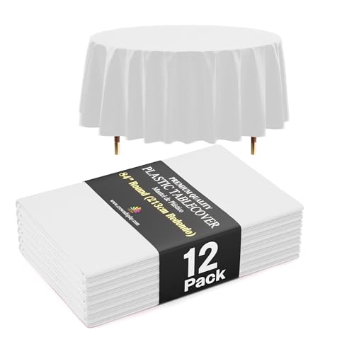 Image of Exquisite 66% Thicker Premium White Round Tablecloth 0.5 Mil 12 Pack Plastic Table Cloth Disposable 84 Inch Round Plastic Tablecloth Won't Tear Easily Like Cheap Thin Brands