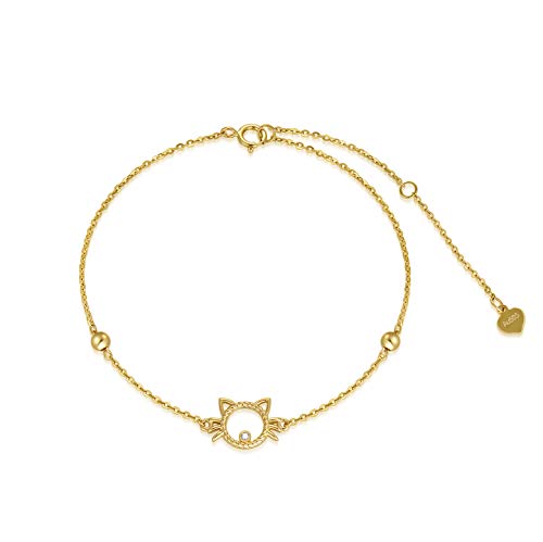 Sisgem 14K Real Gold Cat Bracelet For Women,Yellow Gold Beads Station Cute Pet Dangle Bracelets With Cubic Zircon,Anniversary Birthday Jewelry For Wife Mom Girlfriend 6.5''+1''+1'' #TOP12