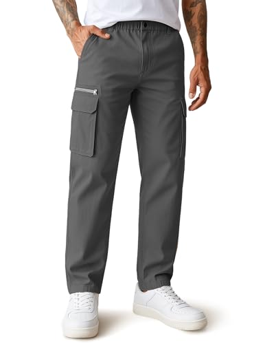 COOFANDY Cargo Pants for Men Baggy Elastic Waist Casual Work Pants Big and Tall Cotton Trousers with Pockets Dark Grey
