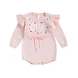 Newborn Baby Girls First Birthday Outfits Letter Donut Embroidery Sweater Romper Knitted Jumpsuit Long Sleeve Knit Bodysuits Jumper Knitwear Half Birthday Gift for Girls (Pink, 6-12 Months)