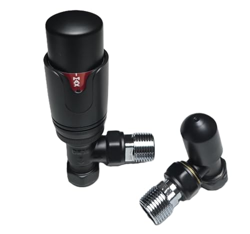 Matt Black Thermostatic Radiator Valves & Lockshield Angled 15mm x 1/2" Pack TCEM