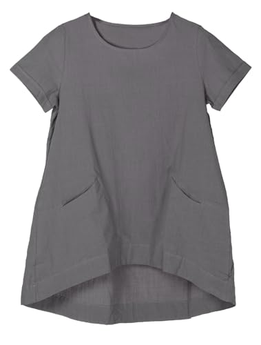 Minibee Women's Cotton Linen Short Sleeve Tunic/Top Tees (L, Dark Gray)