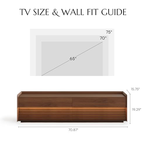 Image of POVISON Fully-Assembled Mid Century Modern TV Stand, 70.87 inch Wood Media Console with Adjustable LED Light, Entertainment Center with Storage for Living Room
