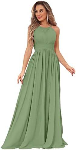 Junior Bridesmaid Dresses for Teens Girl Halter Chiffon Ruched A-Line Sage Green Formal Evening Gown Size 14
