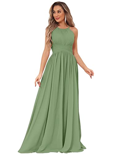 Junior Bridesmaid Dresses For Teens Girl Halter Chiffon Ruched A-Line Sage Green Formal Evening Gown Size 14 #TOP20