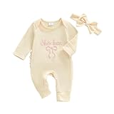 Baby Girls Clothes She Is Here Embroidery Romper Bow Waffle Knit Ruffled Newborn Infant Winter Fall Outfit with Headband (Beige, Newborn)