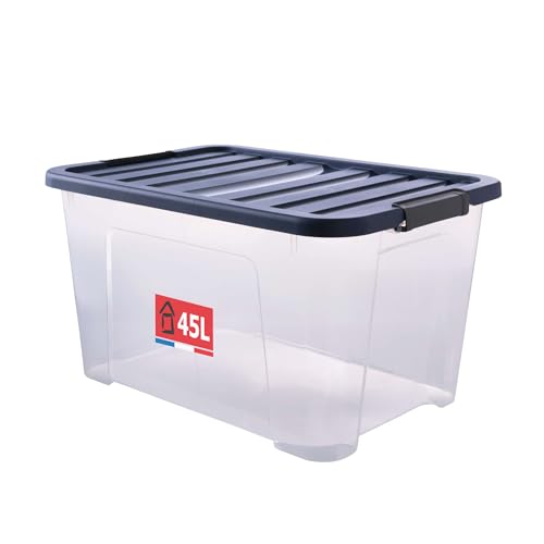 SUNDIS Wave Box, boîte de rangement avec couvercle clipsable 45l, en plastique transparent, superposable et empilable, idéale pour ranger la chambre, les...