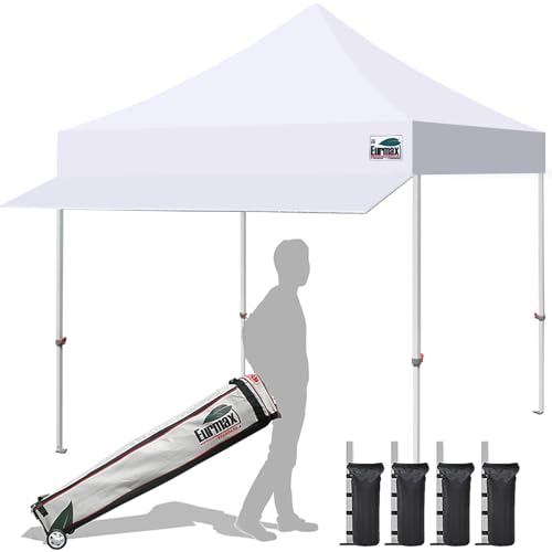 Eurmax USA 10x10 Pop Up Canopy Tent, Commercial Grade Event Tent with Patented No-Tip Rolling Bag, 30sqft Extension Awning, UV-Shield Fade & Water Resistant Top (White)