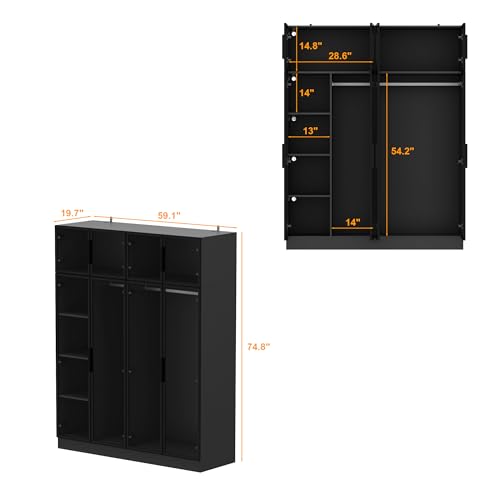 Hitow Wardrobe Cabinet with LED Light Strips, Modern Armoire Closet with Glass Doors, 59.1" W Large Bedroom Armoire Clothes Organizer with Shelve & Hanging Rods, Modern Glass Display Cabinet, Black - Image 3