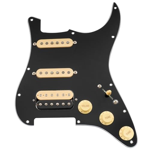 Musiclily Pro Auto-Split Pre-wired Standard HSS Pickguard with Artec Pickups Alnico 5 Magnet for ST Style Electric Guitar 3ply Black with Zebra Bridge Pickup