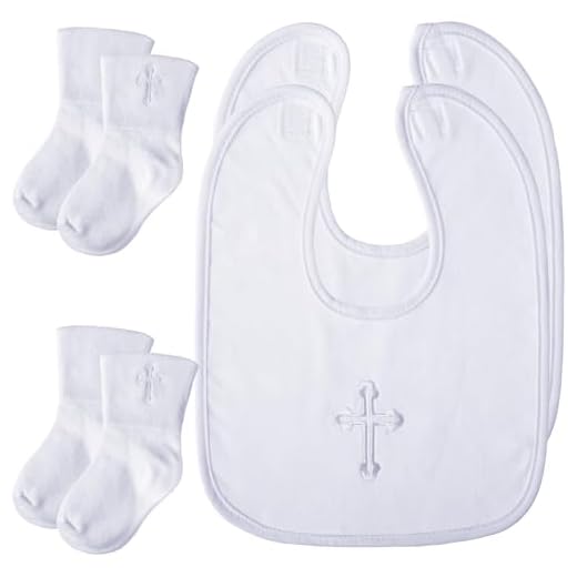 Jiuguva 4 Pcs Baptism Bibs and Socks Set Christening Bib for Baby White Embroidered Cross Baptism Outfit for Boy Girl(7.9 x 11 Inch)