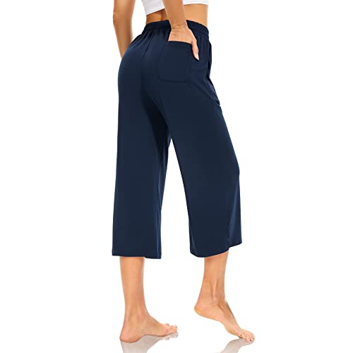 Sunyaa Navy Blue Plus Size Capris For Women Casual Summer Wide Leg Yoga Stretch Cotton Drawstring Athletic Capri Sweatpants With Pockets #TOP2