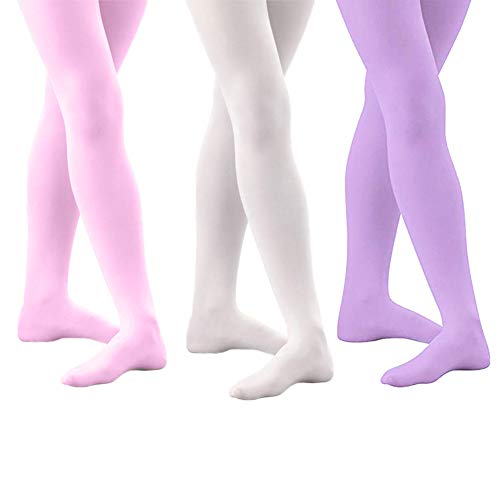 whyme Pack of 3 Kids Girls Baby Ballet Dance Tights Soft Microfiber Footed Velvet Stockings Pantyhose Tights L(purple white pink 7-9T)