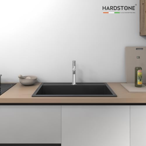 Image of HARDSTONE Premium Quartz Kitchen Sink (30x20x9 Inch) | Matt Black Granite Single Bowl Sink | Top Mount | SS Square Waste Coupling & PVC Drain Pipe | Scratch, Heat & Stain Resistant | 10-Year Warranty