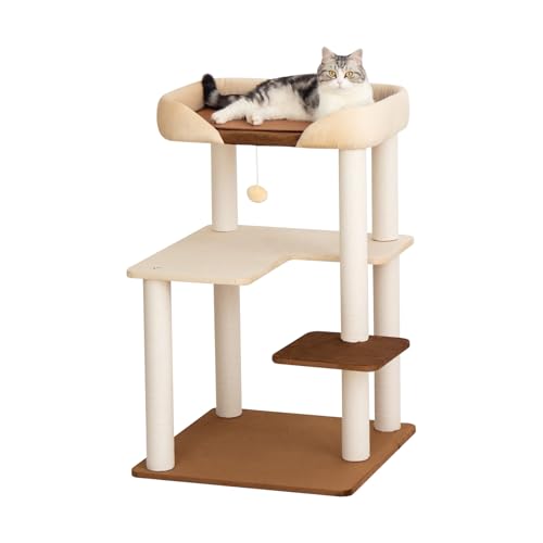 PETTIFUL Cat Tree for Large Cats, Modern Senior Friendly Cat Tower with Wide Shelves, Cotton Scratching Posts, Super Sturdy Base, Cozy Perches, and Interactive Toys for Indoor Kittens, 37.4'' Cream.