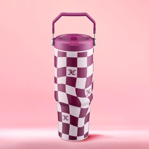 Juicy Couture Flip & Sip Insulated Tumbler with Handle and Straw, 30 oz, Pink Wavy Check