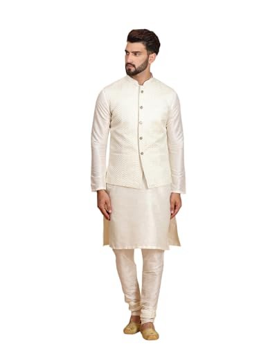 Image of Ethluxis Men Silk Blend Kurta Jacket Set with Mandarin Collar