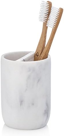 Essentra Home White Marble Toothbrush Holder | Small Toothbrush & Toothpaste Organizer | Blanc Collection