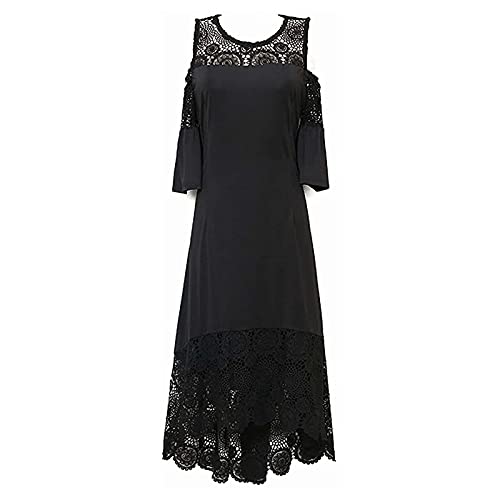 Fwflyaway Women's Plus Size Wedding Guest Lace Chiffon Swing Dress,Spring Summer Retro Half Sleeve/Off Shoulder Knee Length Formal Evening Prom Cocktail Midi Dress E-Black #TOP4