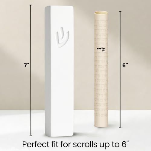 Image of SURI Mezuzah for Door - 7 Inch White Concrete Mezuzah Case with Non Kosher Scroll, Self-Stick Jewish Entry Design, Fits a 6 Inch Scroll, Gift Box Included