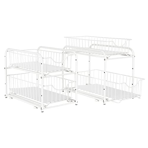 2 Pack - Pull Out Cabinet Organizer, 2-Tier Sliding Cabinet Organizer, Stackable Under Sink Cabinet Organizer With Storage Basket Drawers, For Kitchen, Countertop, Under The Sink, Bathroom, White #TOP20