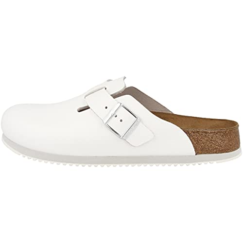 Birkenstock Boston Super Grip aus Naturleder - Herren und Damen Clogs Berufsschuh - Rutschhemmende Gummi-Eva-Sohle nach EN ISO 20347 - Anatomisch geformtes Kork-Latex-Fußbett - Weiß - Normal - 44