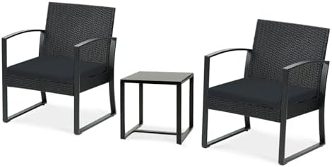 Aoodor 3-Piece Outdoor Patio Furniture Set, All Weather Outdoor Bistro Set, Black PE Rattan Chairs with Black Cushions & Table for Garden, Poolside, Backyard