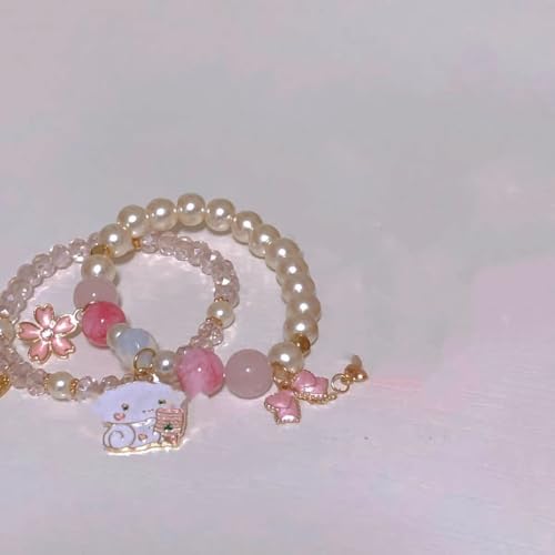 Image of Pingyongchang Elastic Cartoon Bracelets Crystal Beads Pearl Bracelets Cute Kawaii Adjustable Beaded Strand Bracelets for Women Girls Graduation Charm Bracelets Gift for Kids