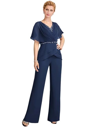 2 Pieces Mother of The Bride Pant V Neck Formal Dresses Puffy Sleeve Outfit Set Chiffon Wedding Guest Dresses
