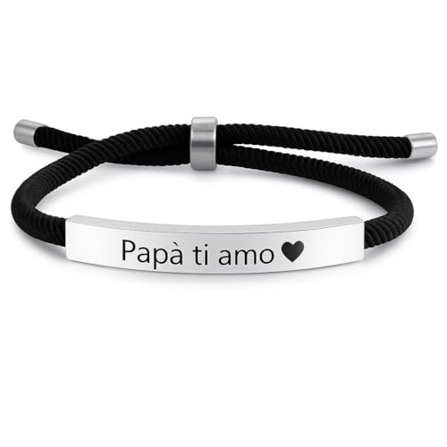 Generico Bracciale Uomo Personalizzato in Corda Nera e Acciaio Inossidabile – Incisione Personalizzabile con Nome, Frase o Dedica – Idea Regalo per Papà, Fidanzato, Amico