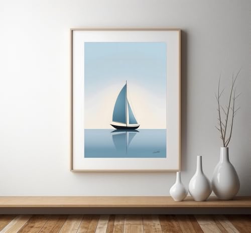Poster voilier minimaliste bleu 30x40 cm pour décoration de mer