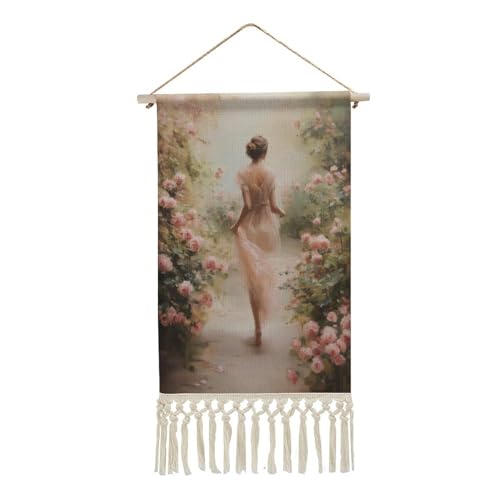 Jubonexis Arazzo da parete in lino, poster vintage da appendere alla parete con nappe e asta in legno per appendere il giardino con donna romantica che cammina attraverso le rose