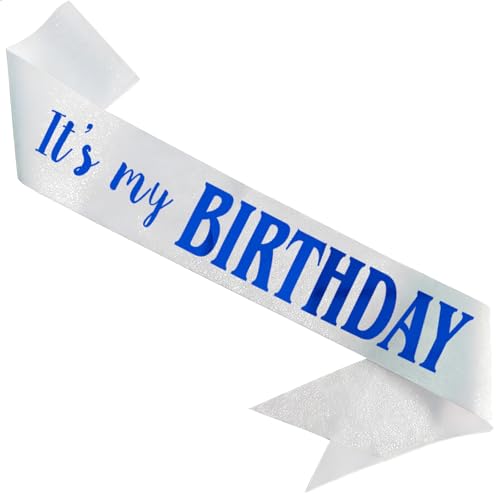 MUMUNN It's My Birthday Sash, Royal Blue Foil Letter Glitter White Birthday Sash for Women Men Girl Boy Kids Teenager Funny Bday Gifts Party Favors Photo Prop